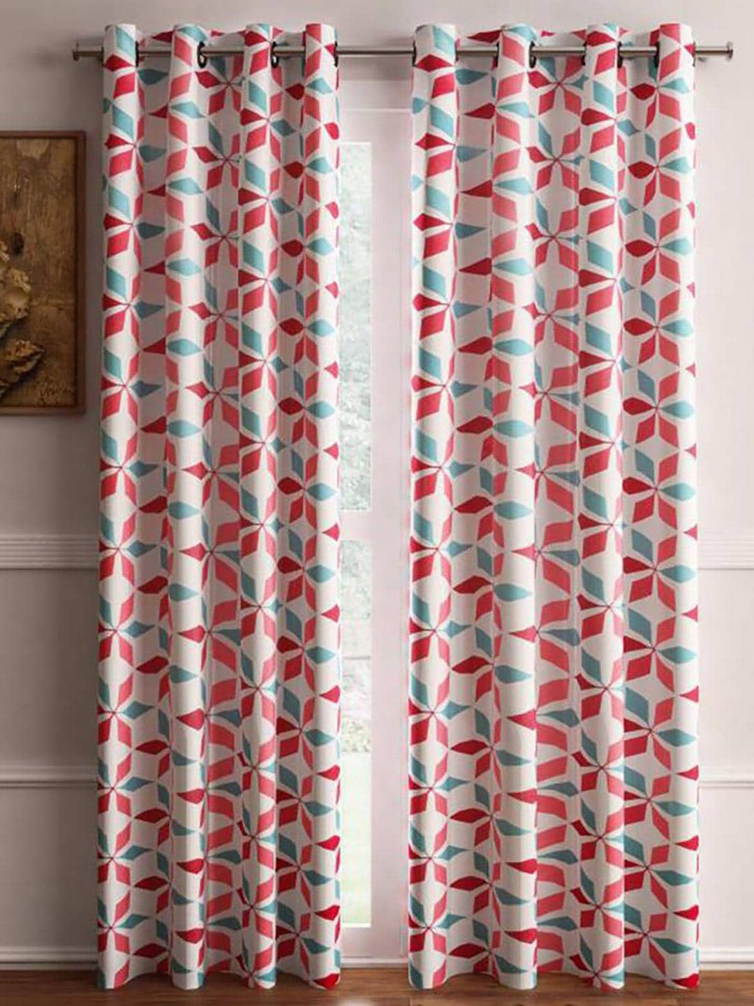 

HOMETALES Pink & White 2 Pieces Geometric Door Curtains