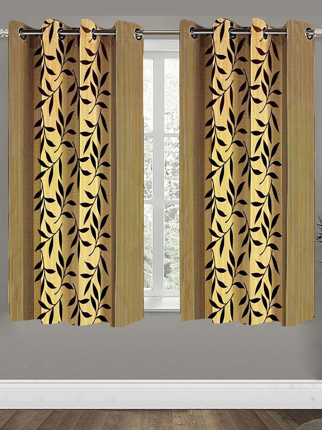 

HOMETALES Yellow & Black 2 Pieces Floral Window Curtains