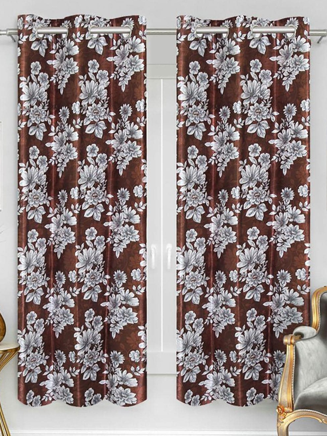 

HOMETALES Brown 2 Pieces Floral Window Curtains