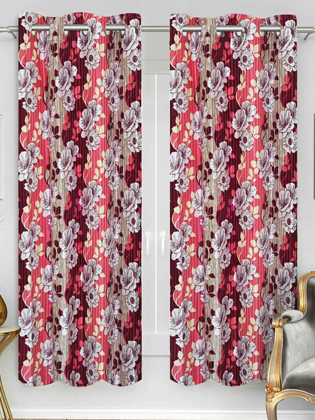 

HOMETALES Maroon & Pink 2 Pieces Floral Window Curtains