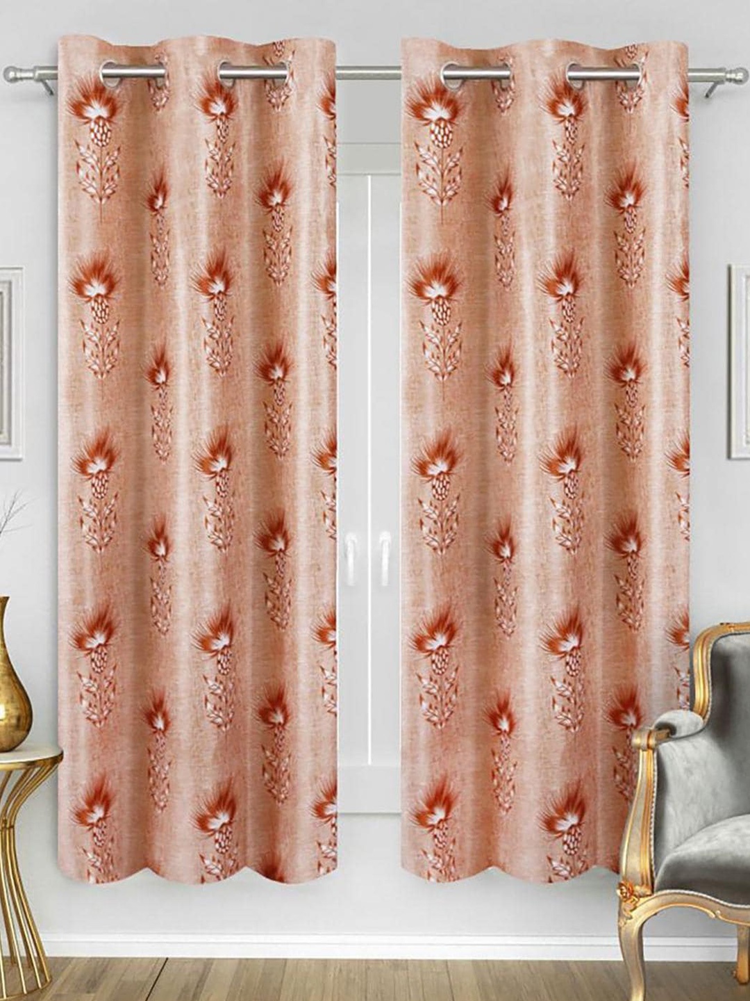 

HOMETALES Orange & White 2 Pieces Floral Door Curtains