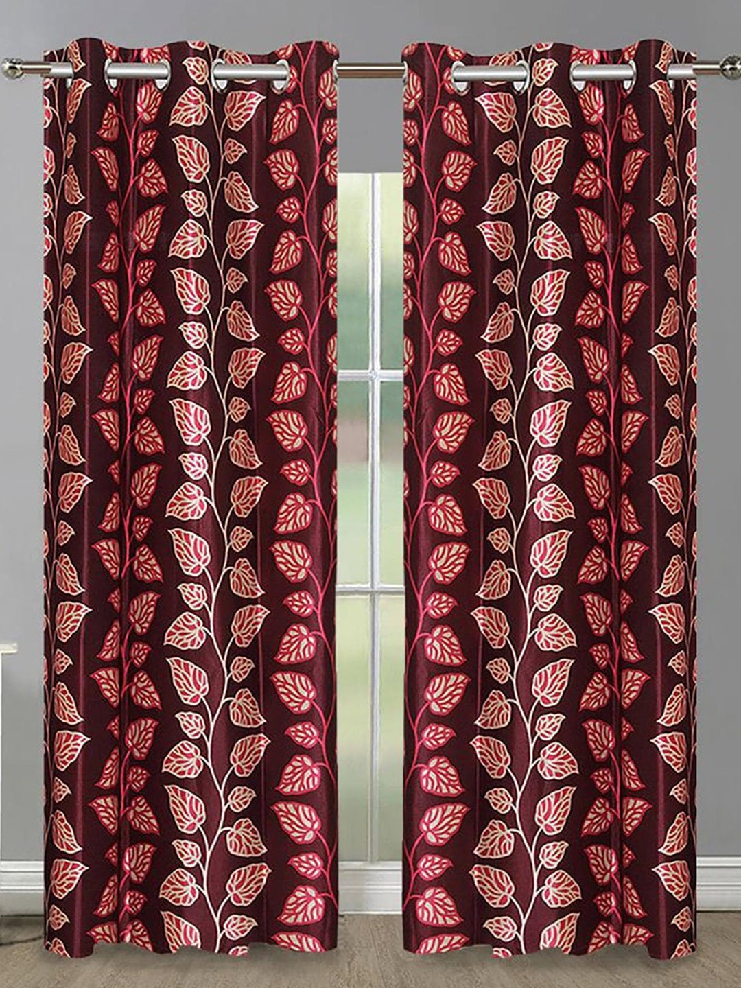 

HOMETALES Maroon & White 2 Pieces Floral Door Curtains