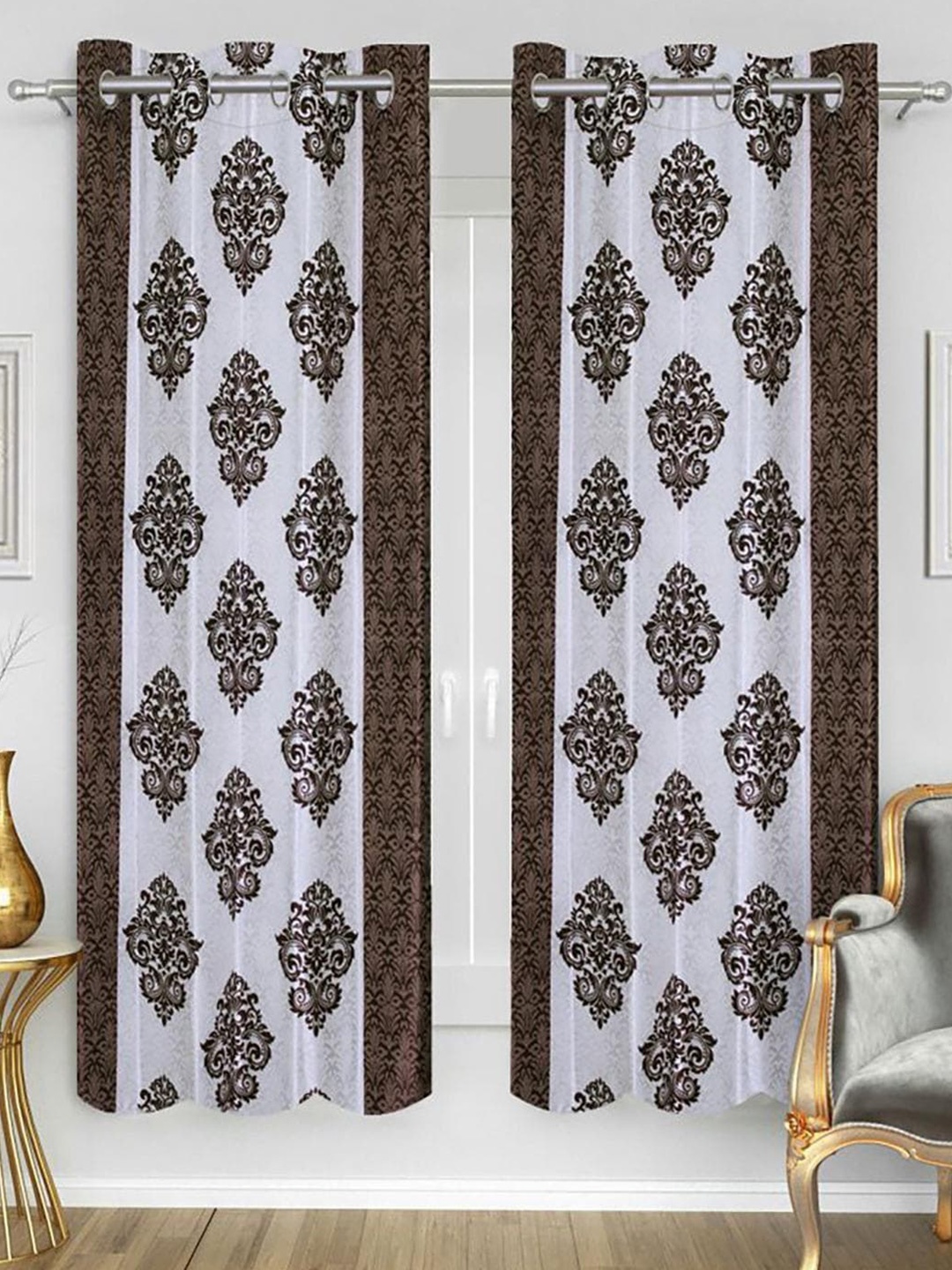 

HOMETALES Brown & White 2 Pieces Ethnic Window Curtains