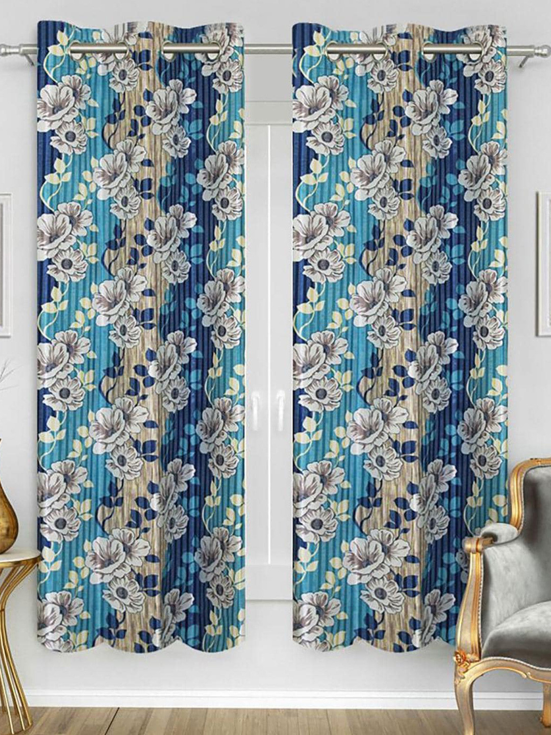 

HOMETALES Blue & White 2 Pieces Floral Window Curtains