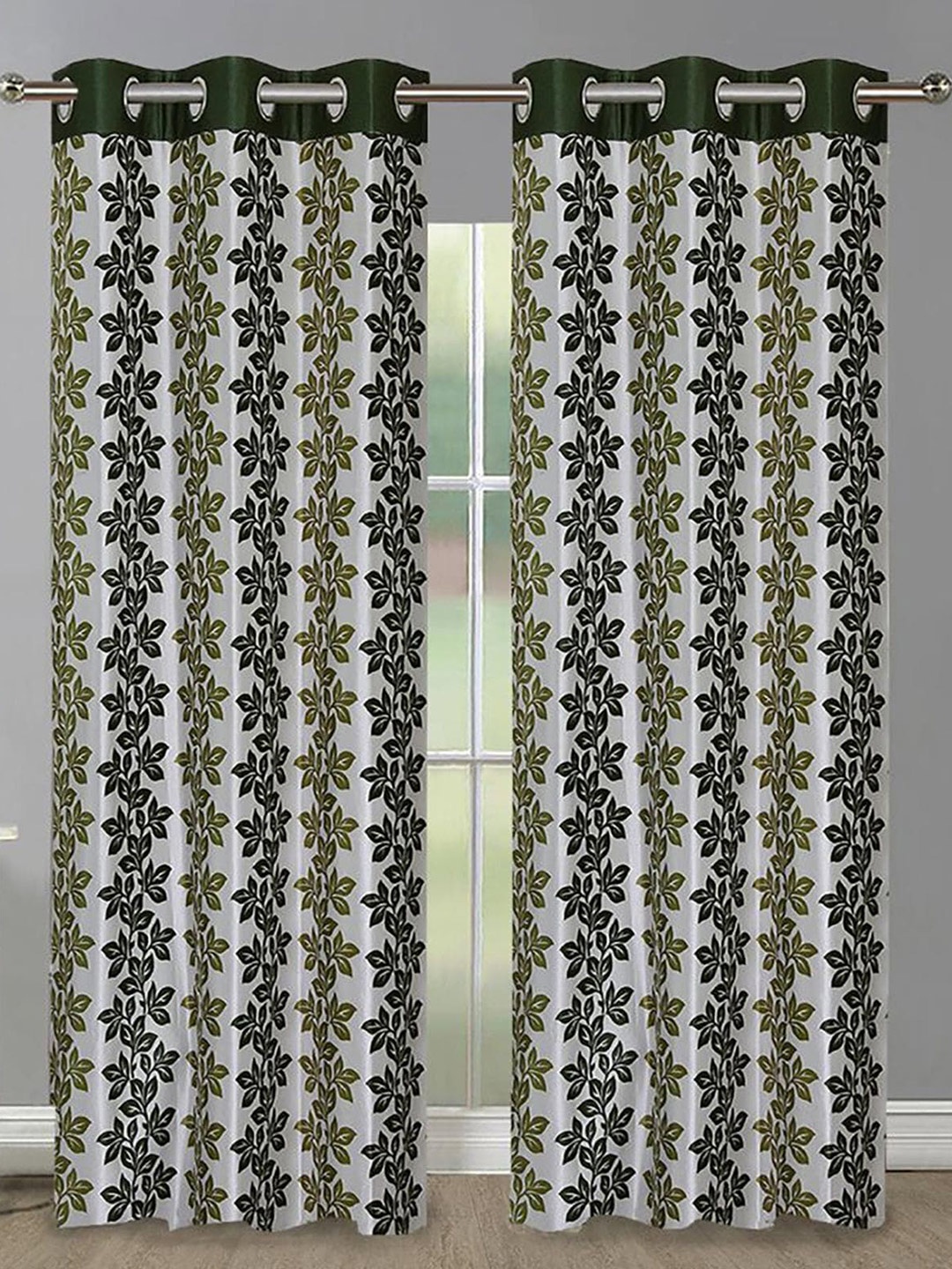 

HOMETALES Green & White 2 Pieces Floral Long Door Curtains