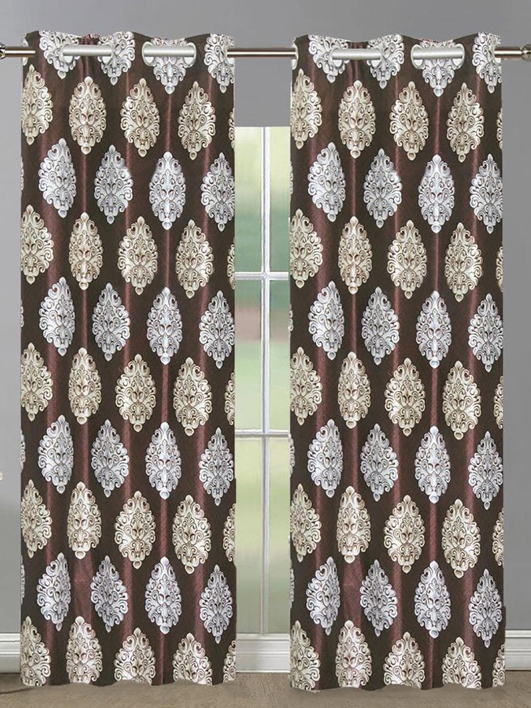 

HOMETALES Brown & White 2 Pieces Ethnic Door Curtains