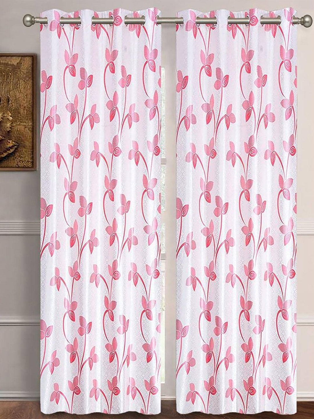 

HOMETALES Pink & White 2 Pieces Floral Long Door Curtains