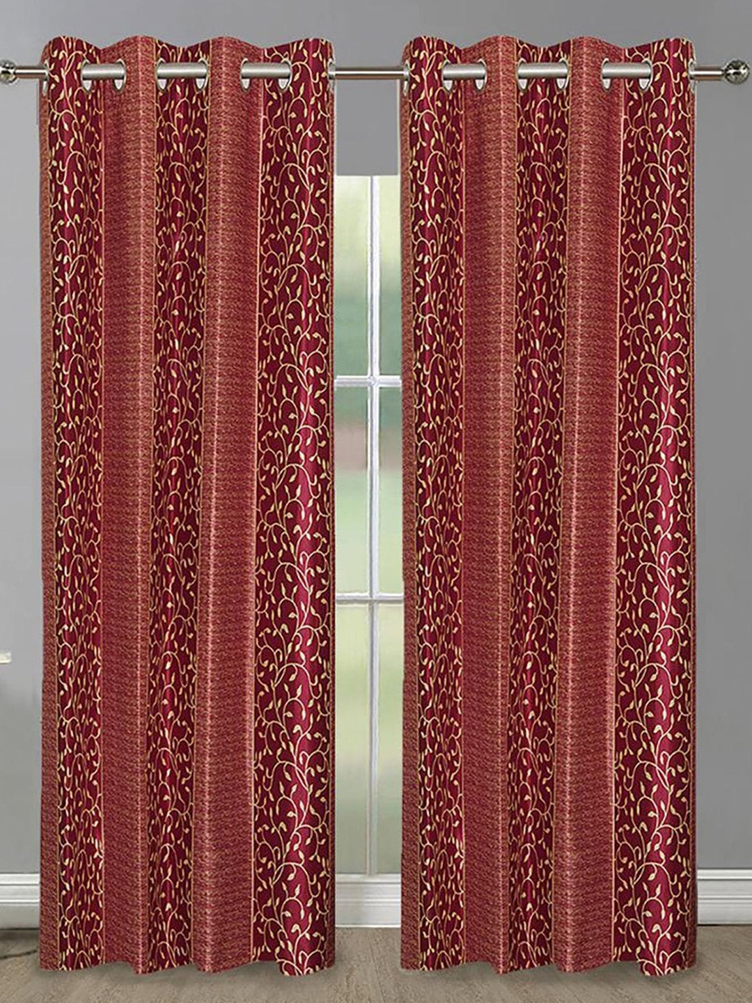 

HOMETALES Red & White 2 Pieces Floral Door Curtains