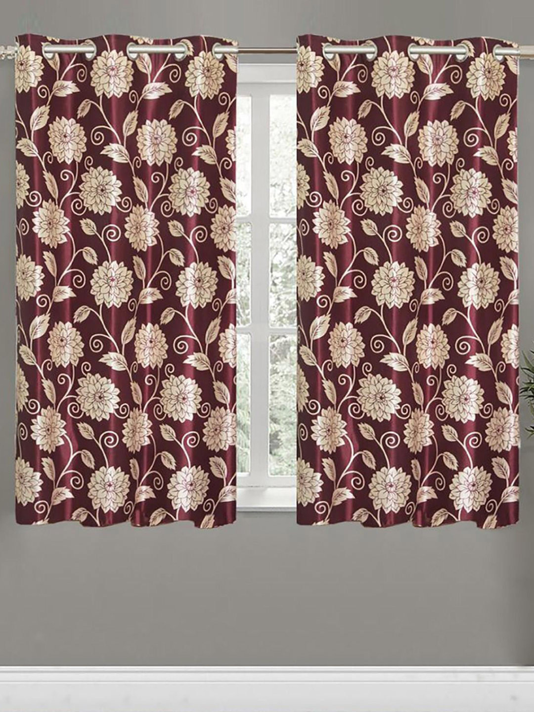 

HOMETALES Maroon & White 2 Pieces Floral Window Curtains