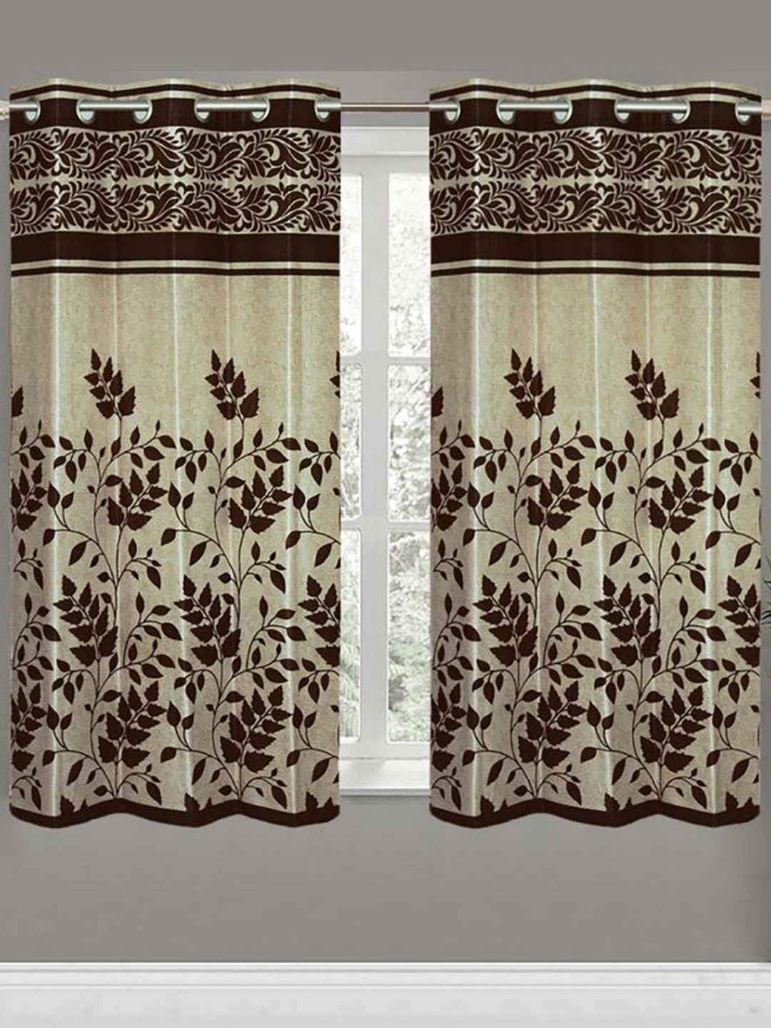 

HOMETALES Brown & White 2 Pieces Floral Window Curtains