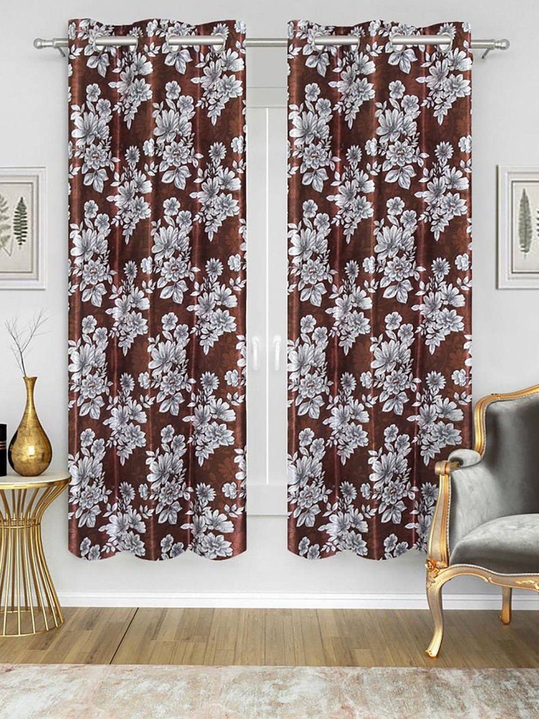 

HOMETALES Brown & White 2 Pieces Floral Window Curtains