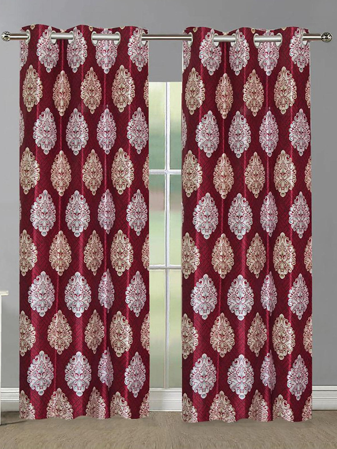

HOMETALES Maroon & White 2 Pieces Ethnic Motifs Door Curtains