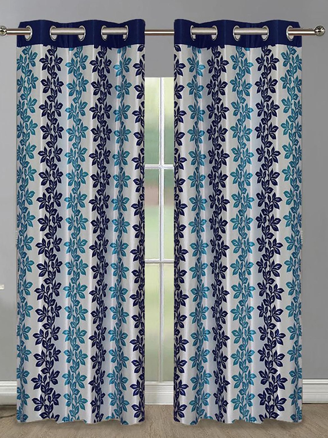 

HOMETALES Blue & White 2 Pieces Floral Long Door Curtains