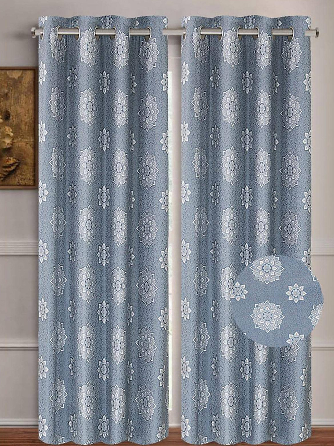 

HOMETALES Grey & White 2 Pieces Floral Window Curtains