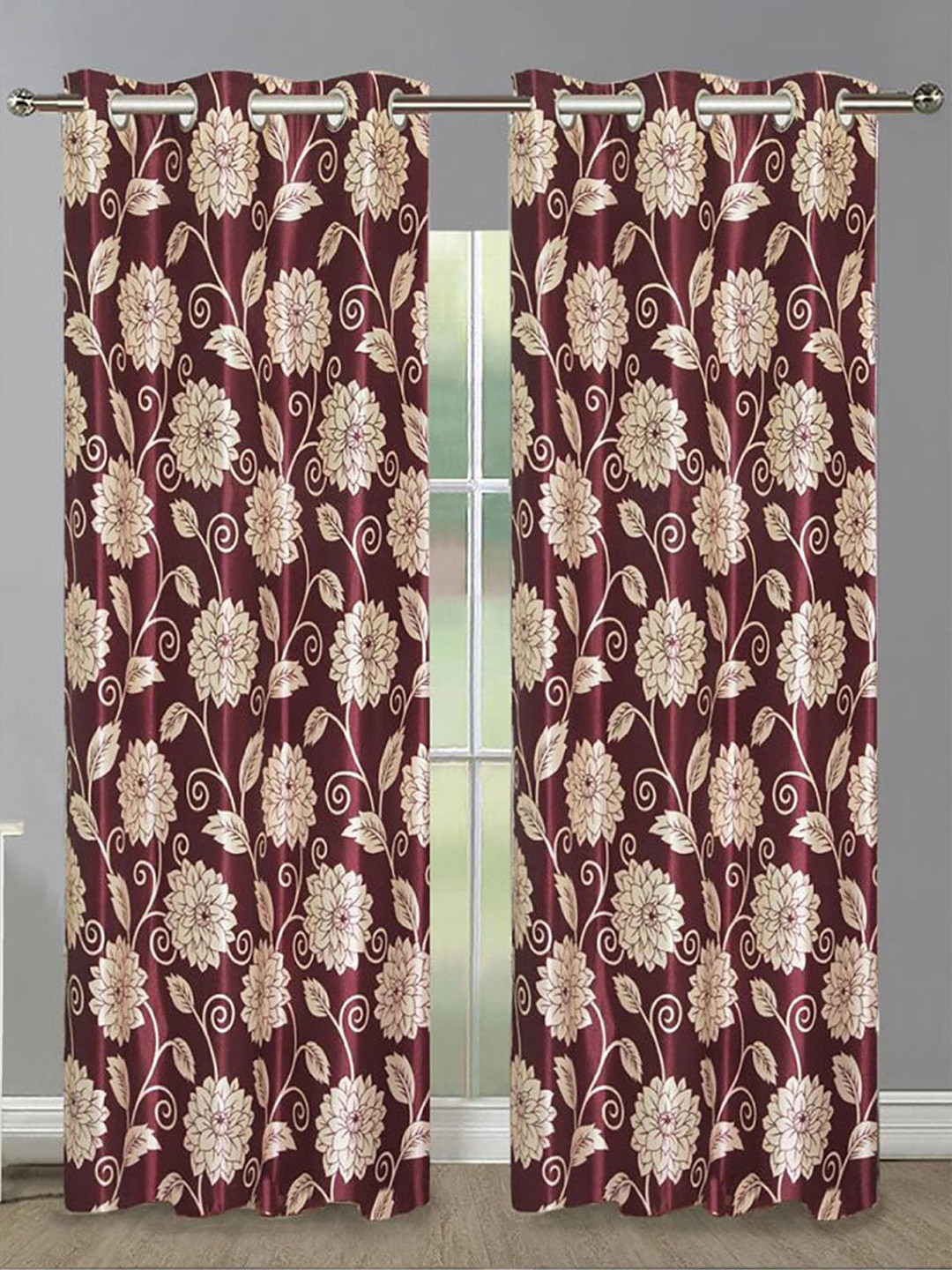 

HOMETALES Maroon & White 2 Pieces Floral Door Curtains