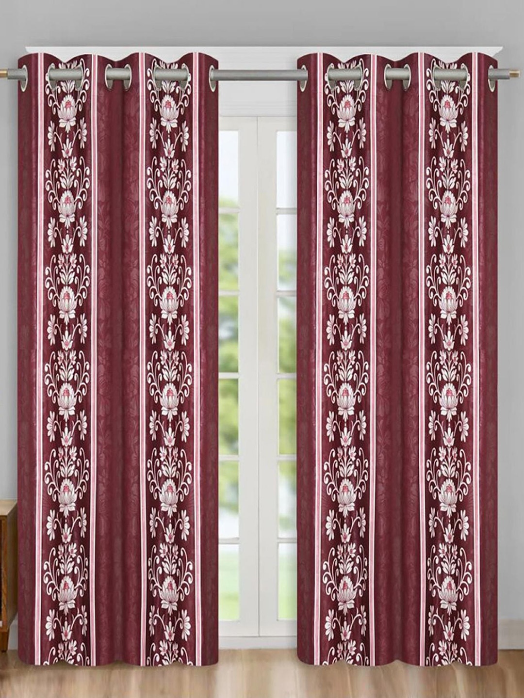 

HOMETALES Maroon & White 2 Pieces Floral Door Curtains