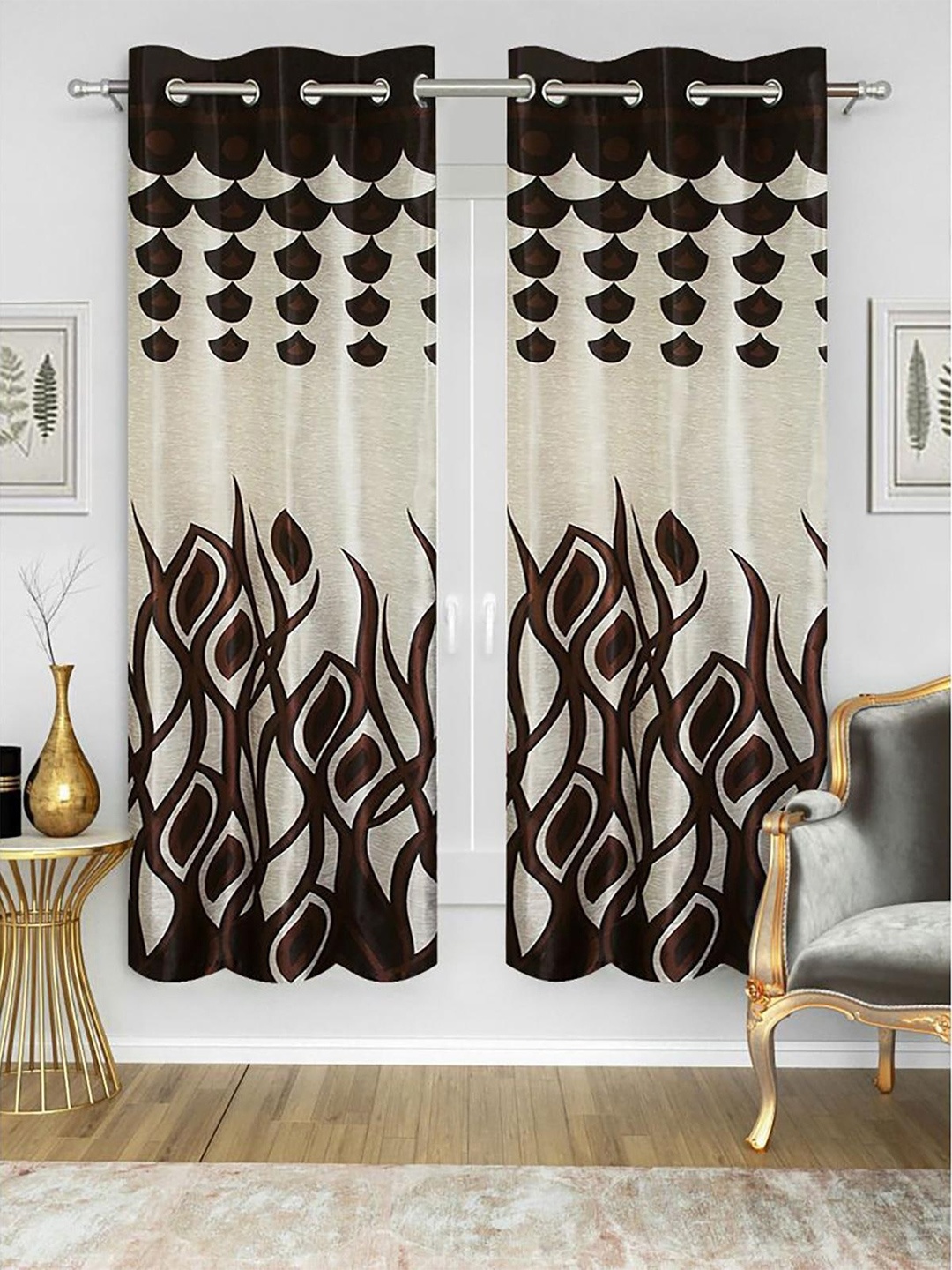 

HOMETALES Brown & White 2 Pieces Geometric Door Curtains