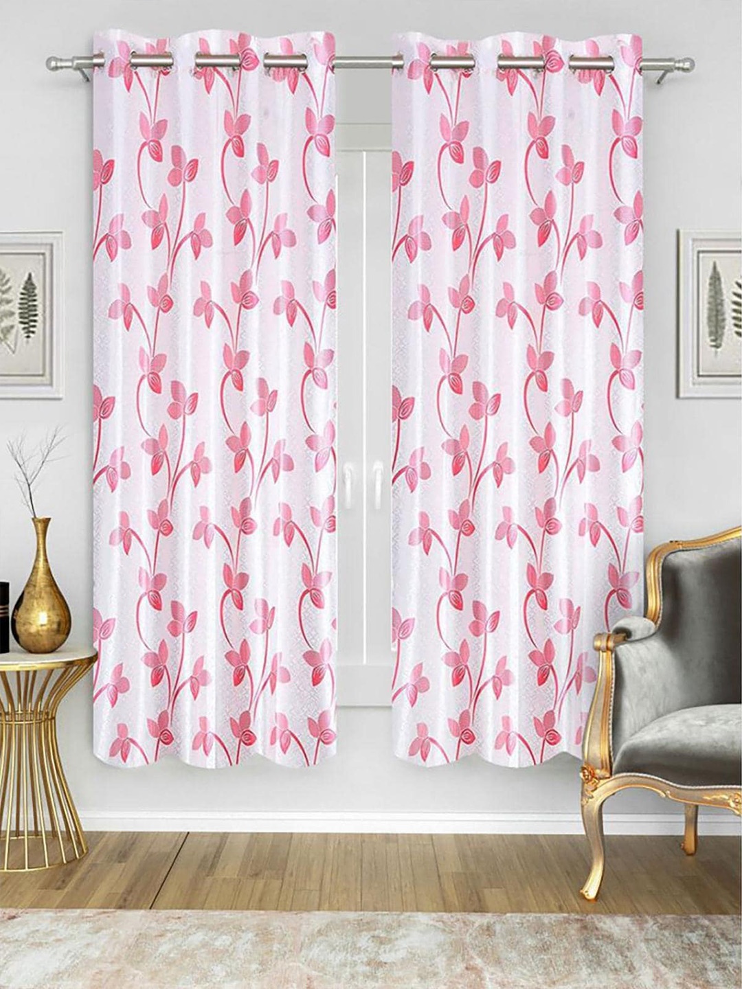 

HOMETALES Pink & White 2 Pieces Floral Door Curtains