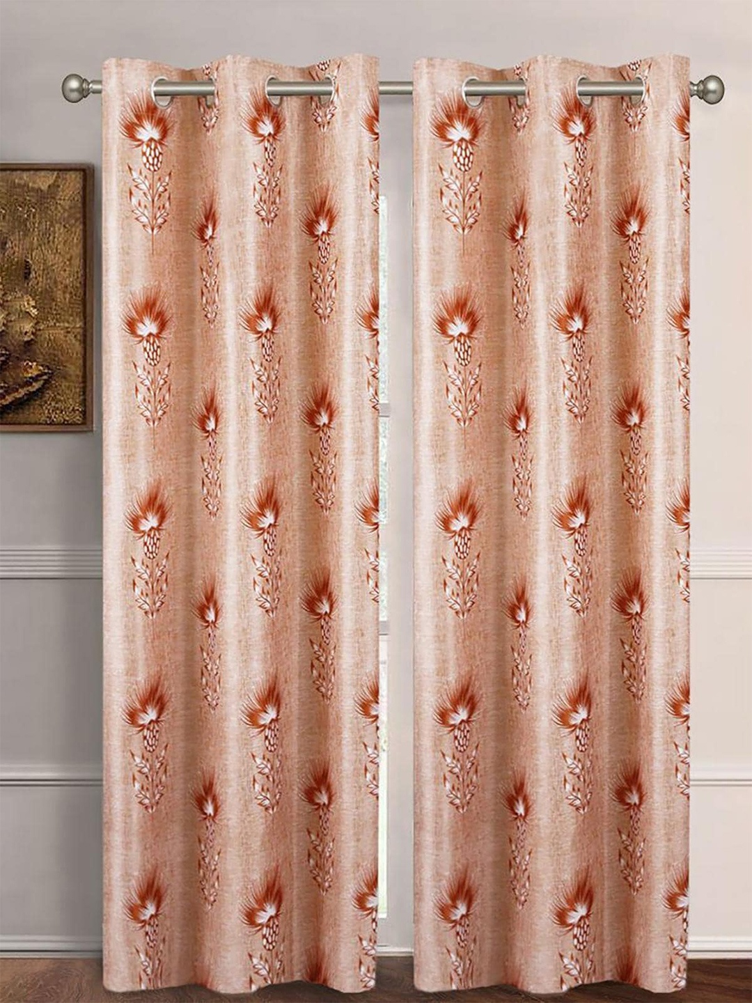 

HOMETALES Orange & Red 2 Pieces Floral Long Door Curtains