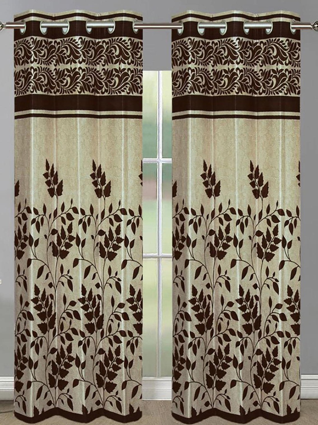 

HOMETALES Brown & Cream-Coloured 2 Pieces Floral Door Curtains