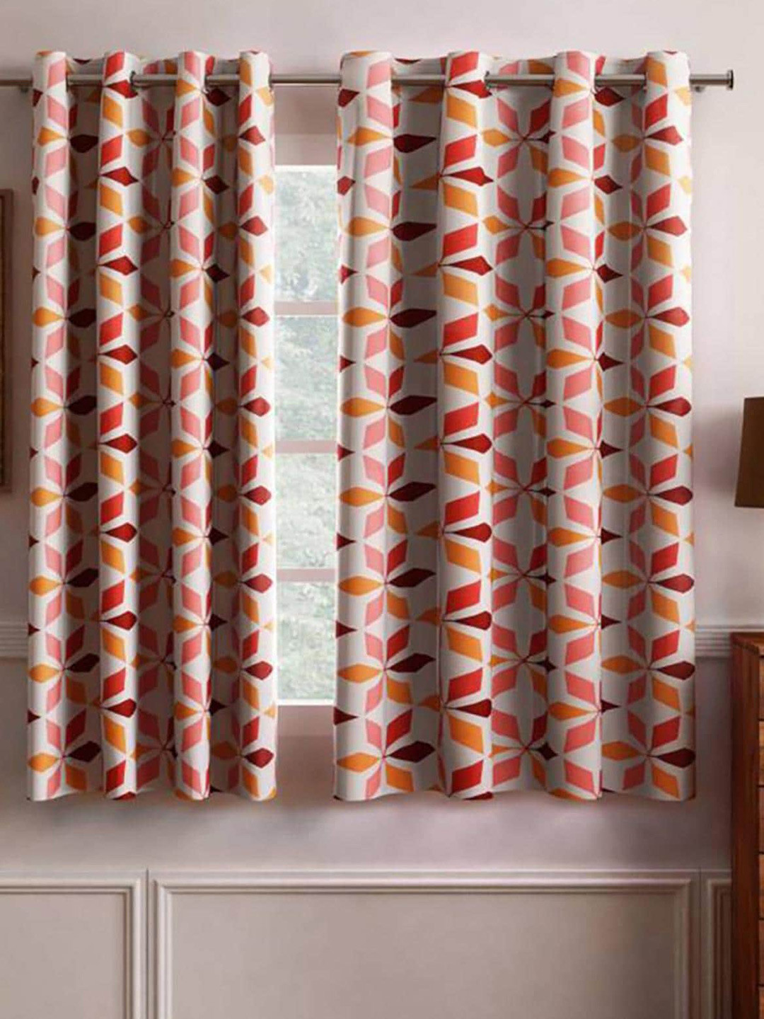

HOMETALES Red & White 2 Pieces Geometric Window Curtains