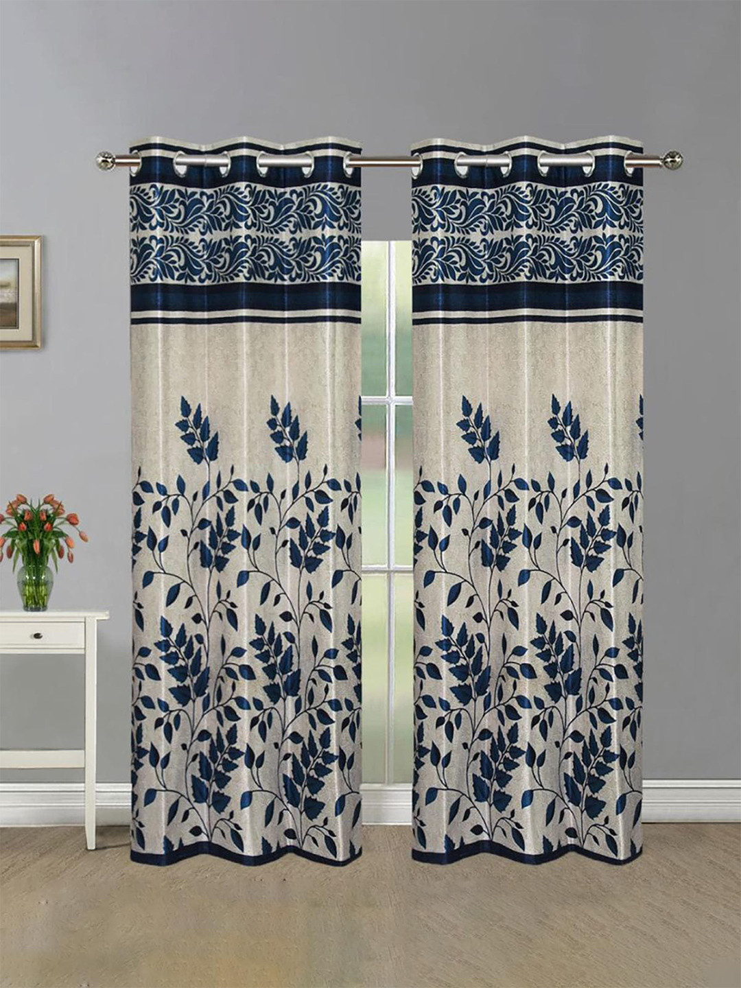 

HOMETALES Blue & White 2 Pieces Floral Door Curtains
