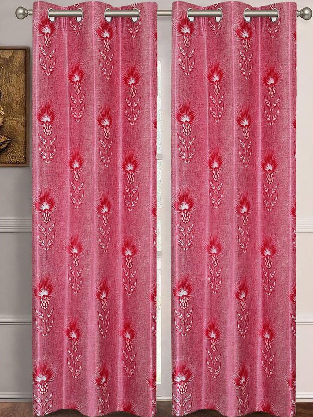 

HOMETALES Red & White 2 Pieces Floral Long Door Curtains