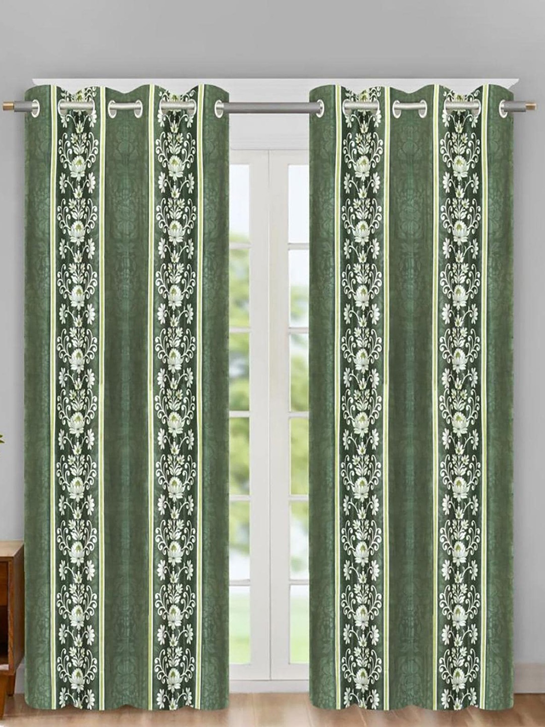 

HOMETALES Green & White 2 Pieces Floral Door Curtains
