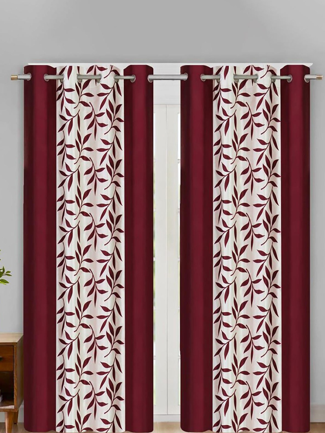 

HOMETALES Maroon & White 2 Pieces Floral Door Curtains