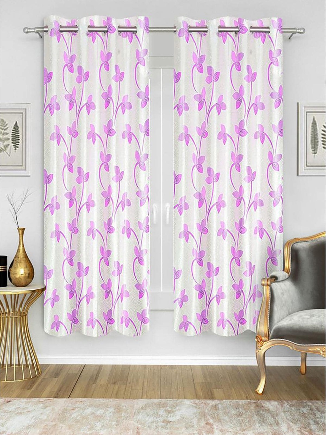 

HOMETALES Purple & White 2 Pieces Semi Transparent Floral Door Curtains