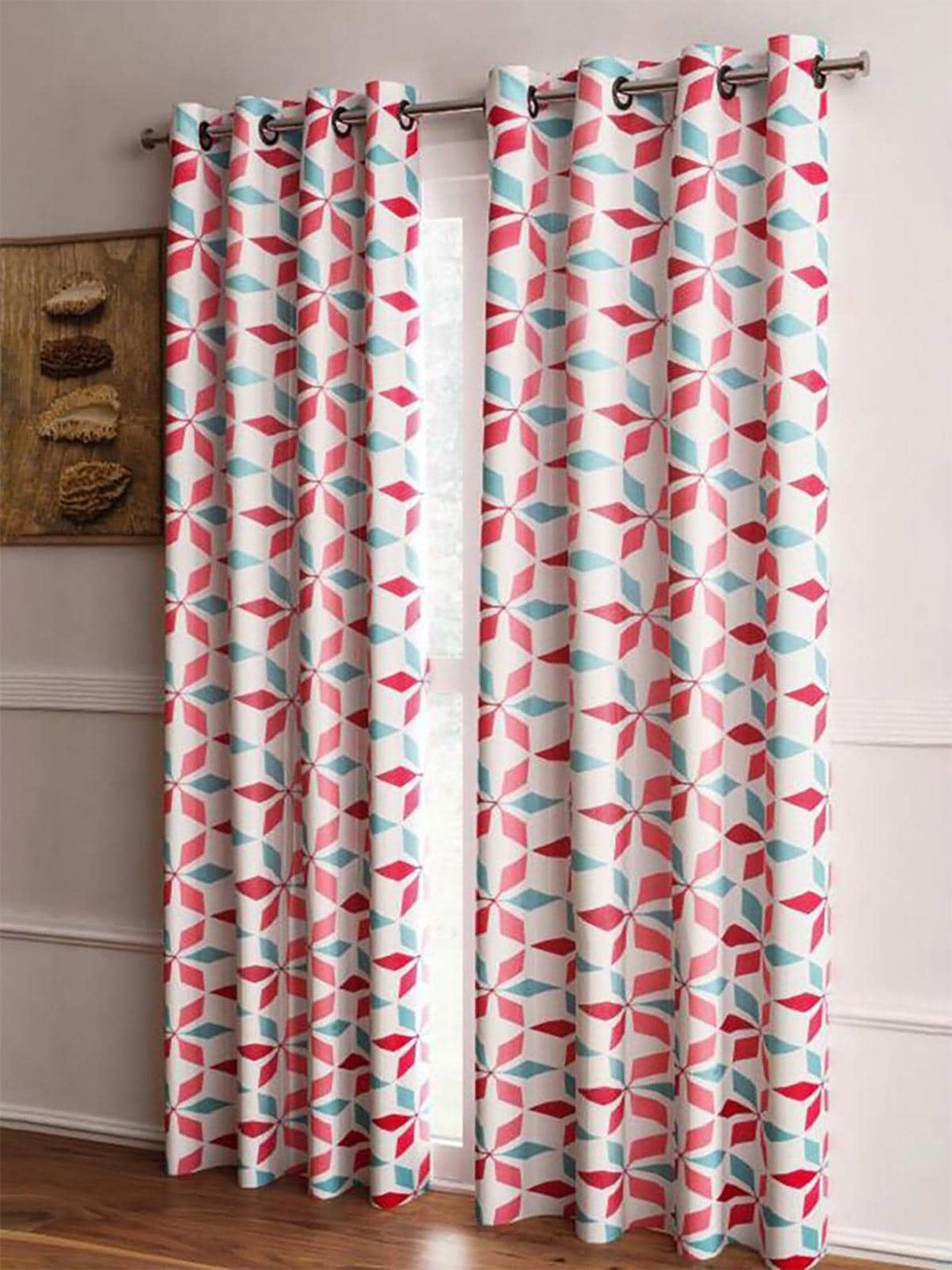 

HOMETALES Pink & White 2 Pieces Geometric Long Door Curtains