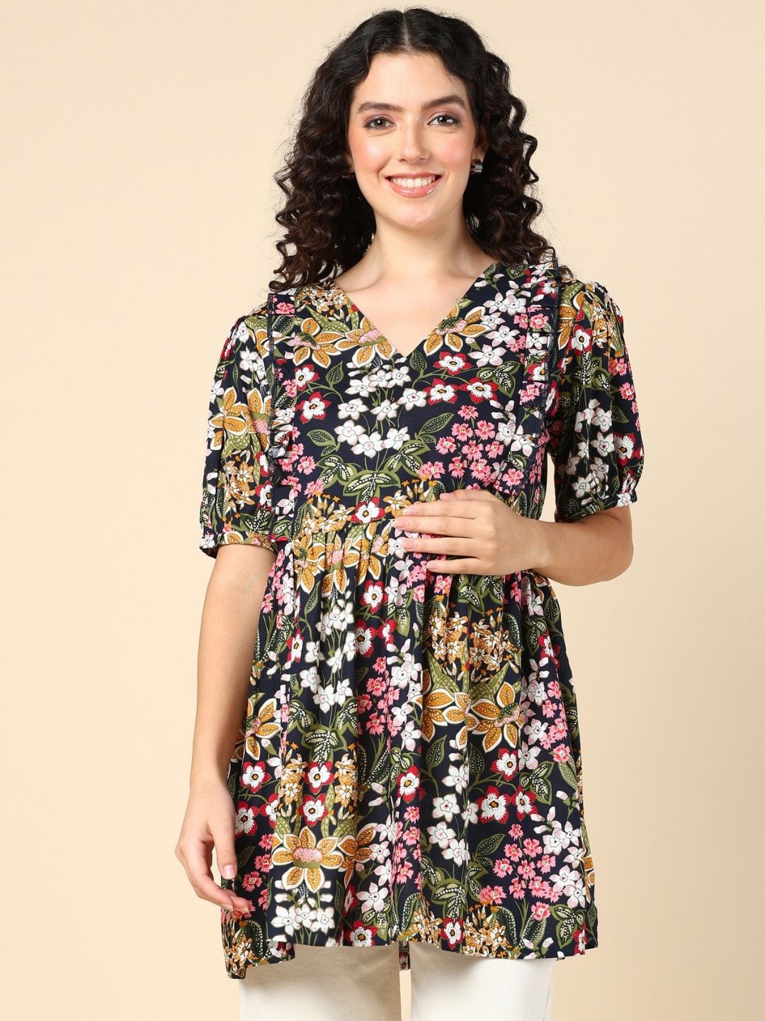 

House Of Zelena Floral Printed Maternity & Feeding Longline A-line Top, Navy blue
