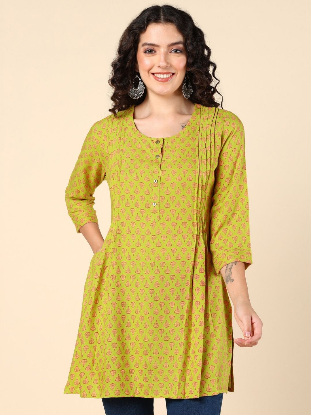 

House Of Zelena Ethnic Motifs Printed Maternity A-Line Kurti, Green