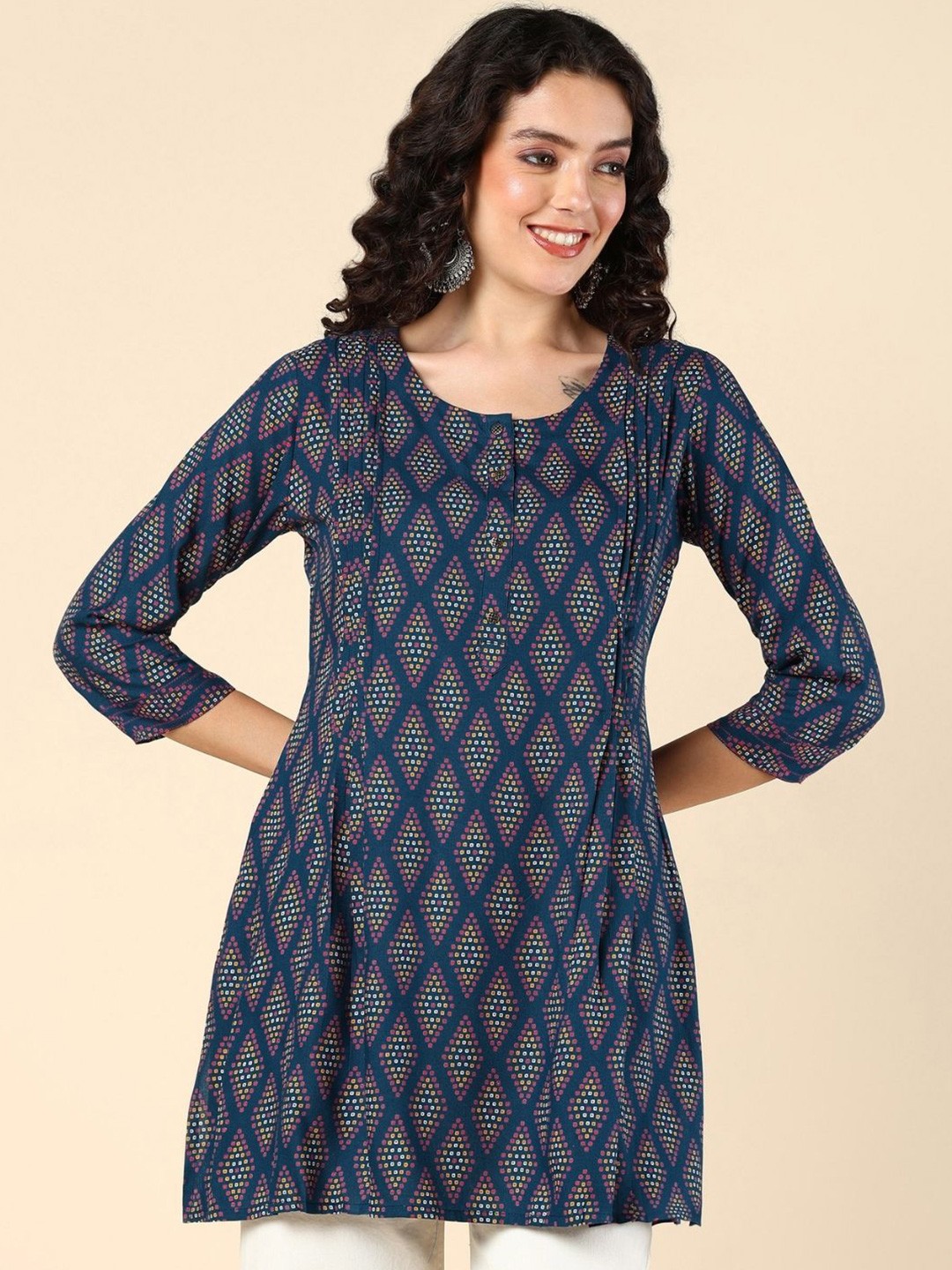 

House Of Zelena Ethnic Motifs Printed Maternity Kurti, Navy blue