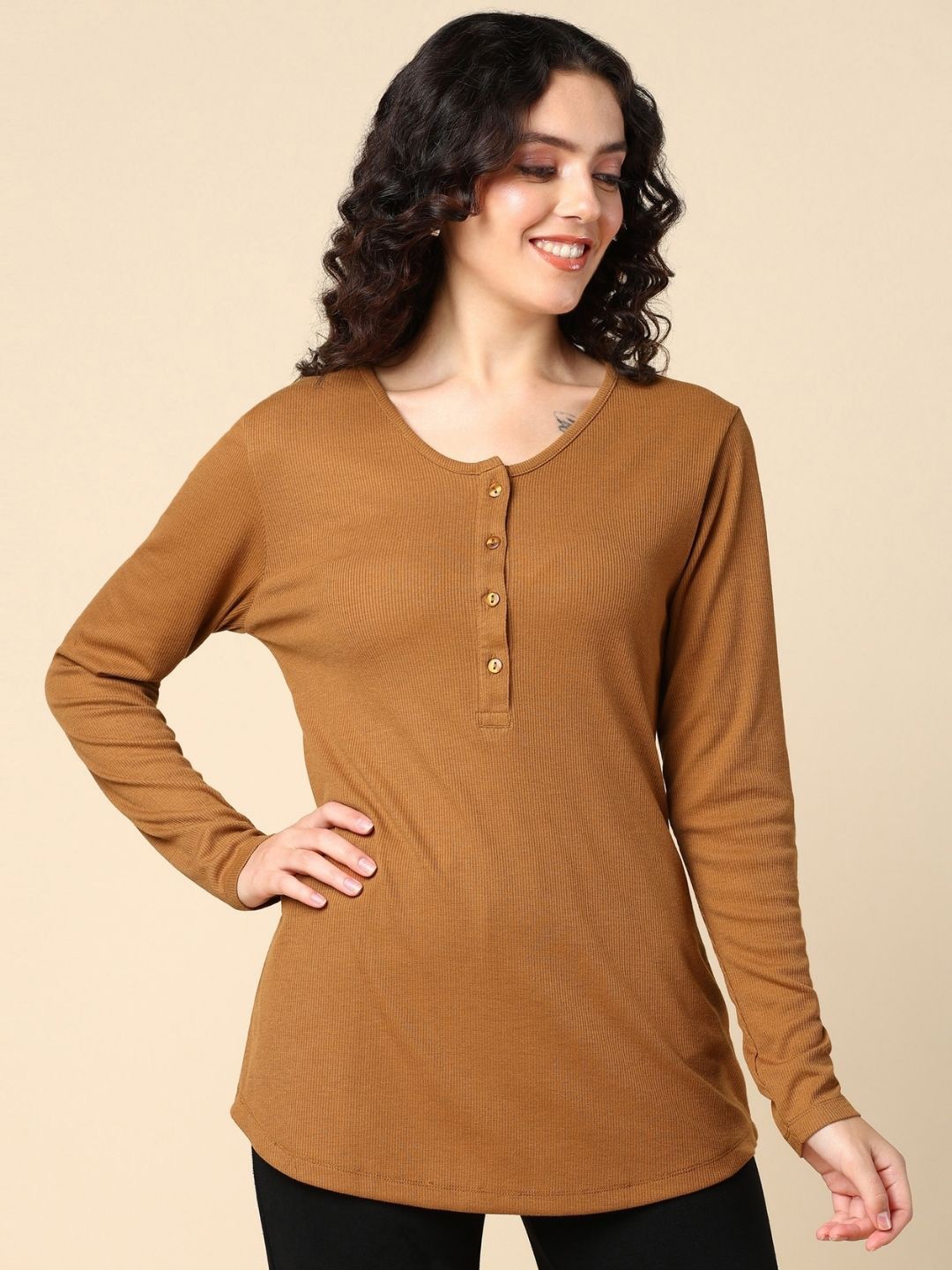 

House Of Zelena Round Neck Long Sleeves Top, Brown