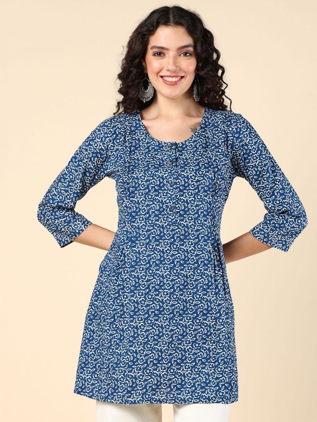 

House Of Zelena Ethnic Motif Printed Pleated Top, Blue