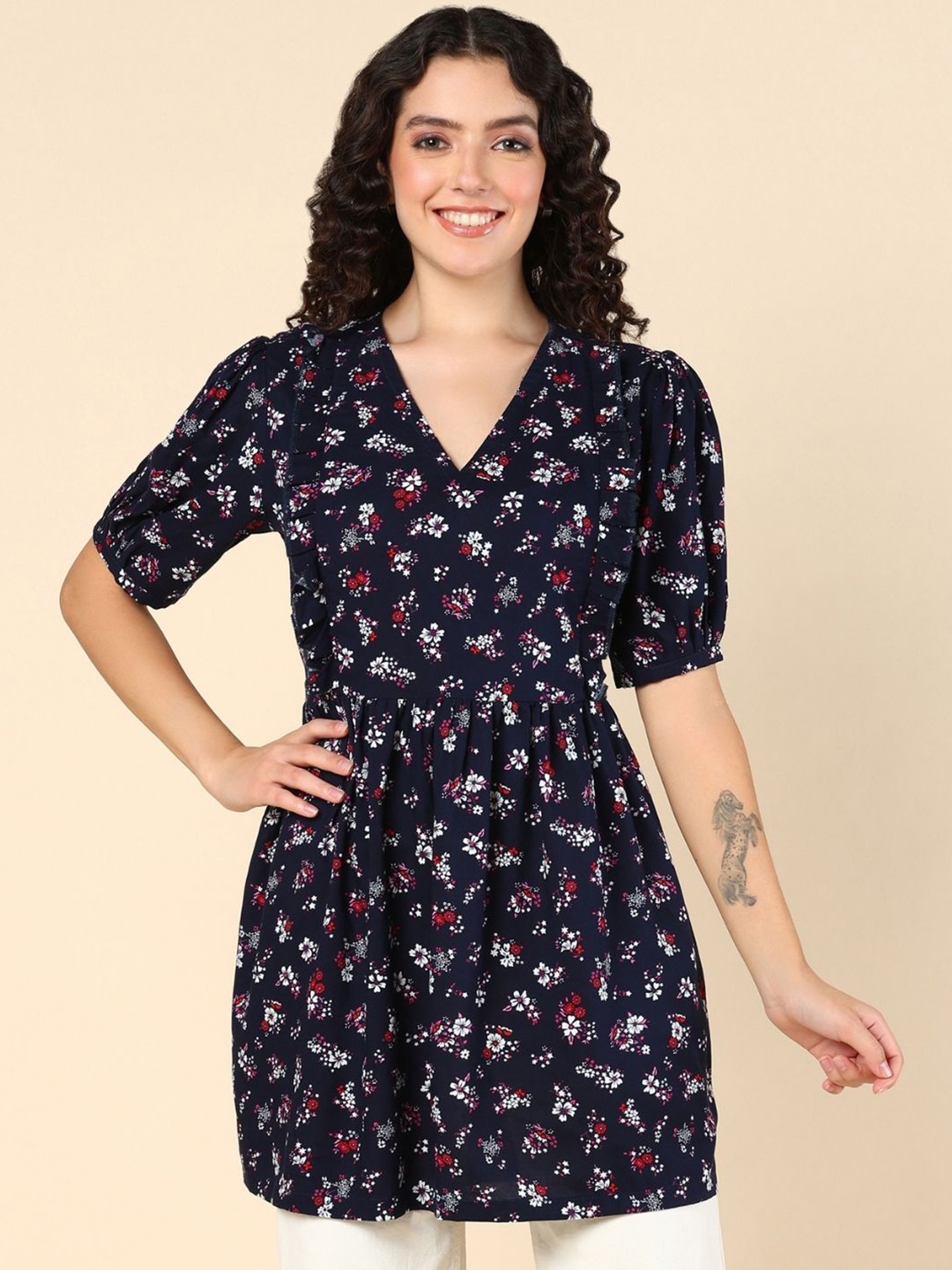 

House Of Zelena Floral Printed Maternity Longline A-Line Top, Blue