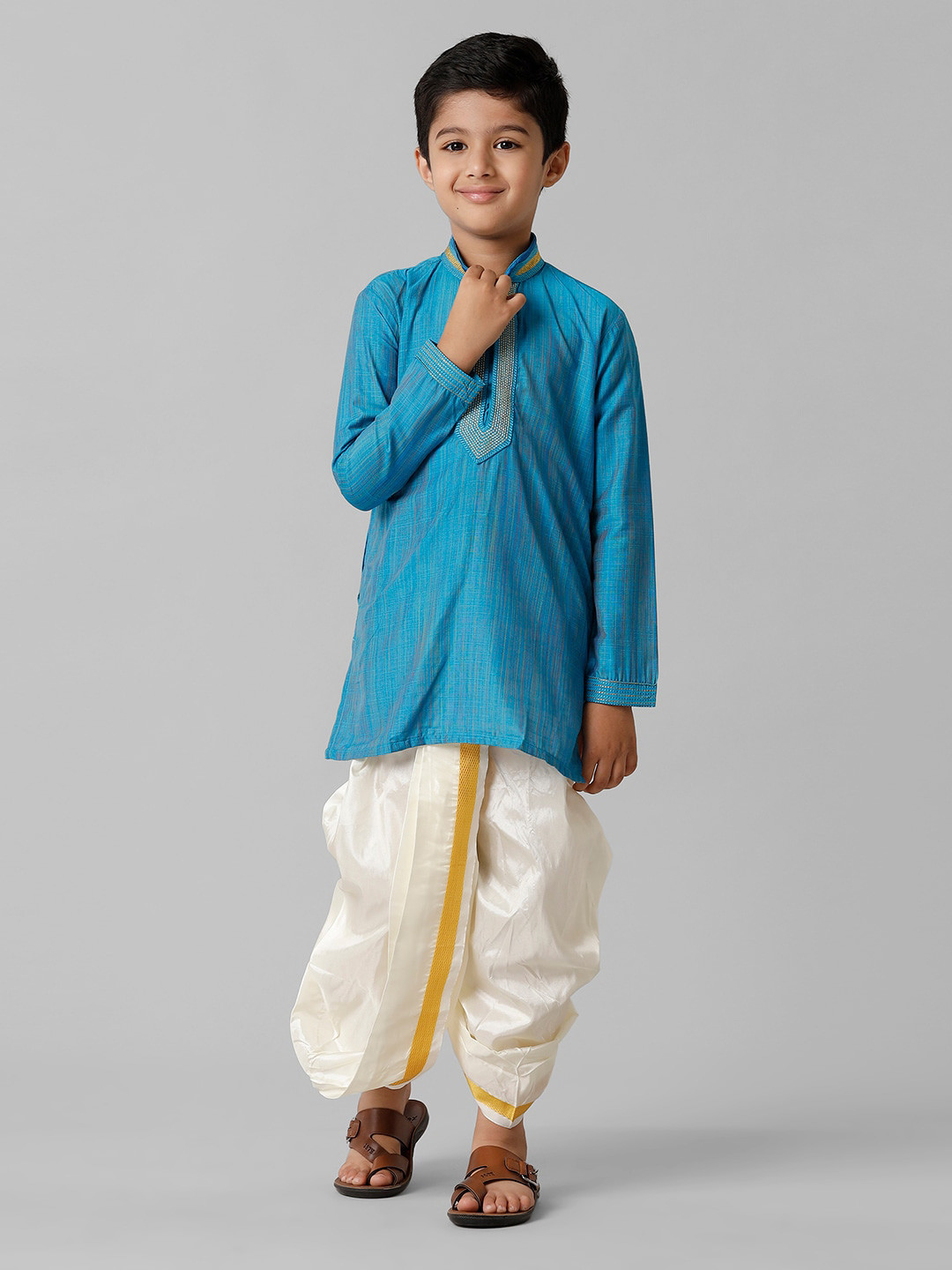 

Ramraj Boys Thread Work Pure Cotton Straight Kurta With Dhoti Pant, Blue
