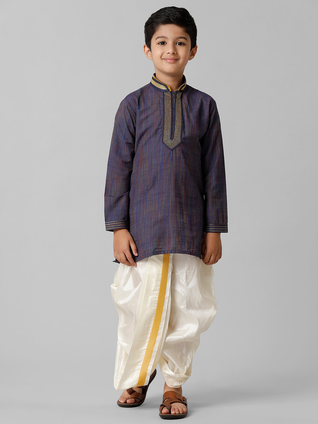 

Ramraj Boys Navy Blue Regular Thread Work Kurta with Dhoti Pants
