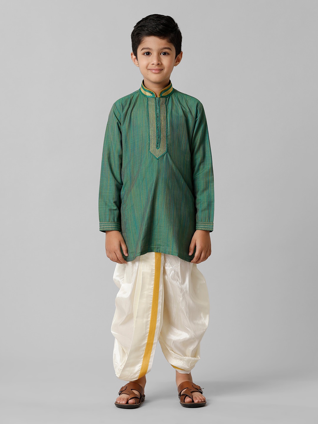 

Ramraj Boys Thread Work Pure Cotton Straight Kurta With Dhoti Pant, Green