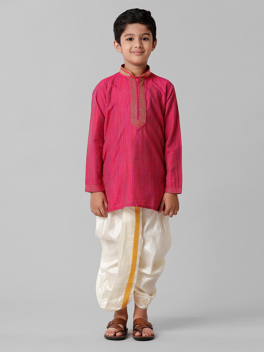 

Ramraj Boys Striped Mandarin Collar Thread Work Straight Kurta With Dhoti Pants, Pink