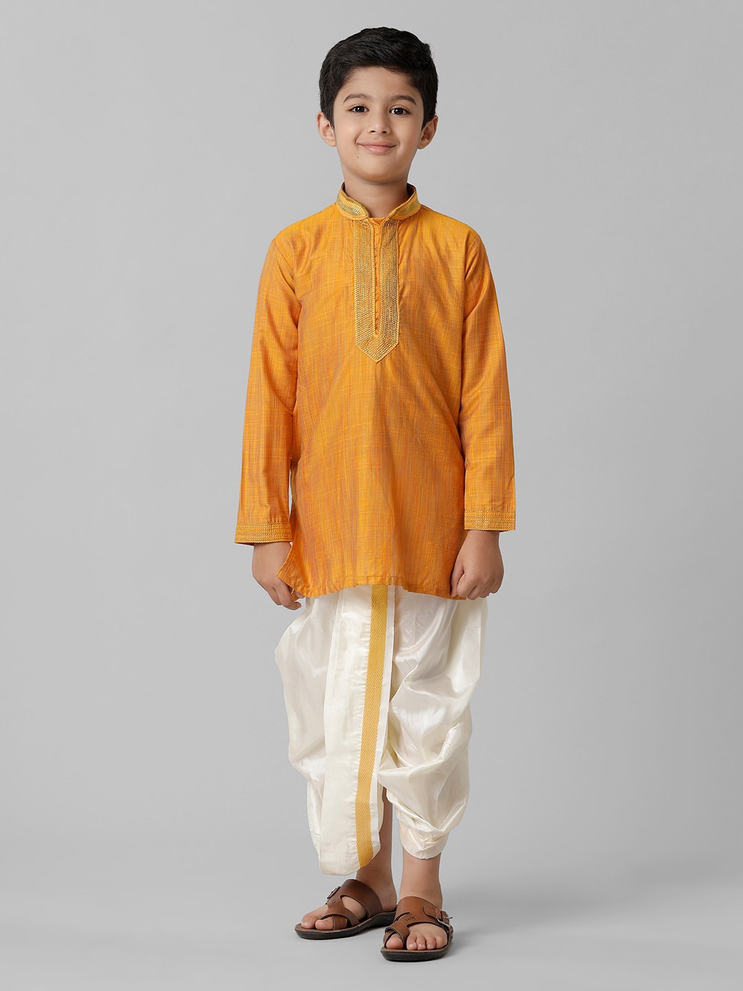 

Ramraj Straight Boys Cotton Kurta With Ready Made Panchakacham, Orange