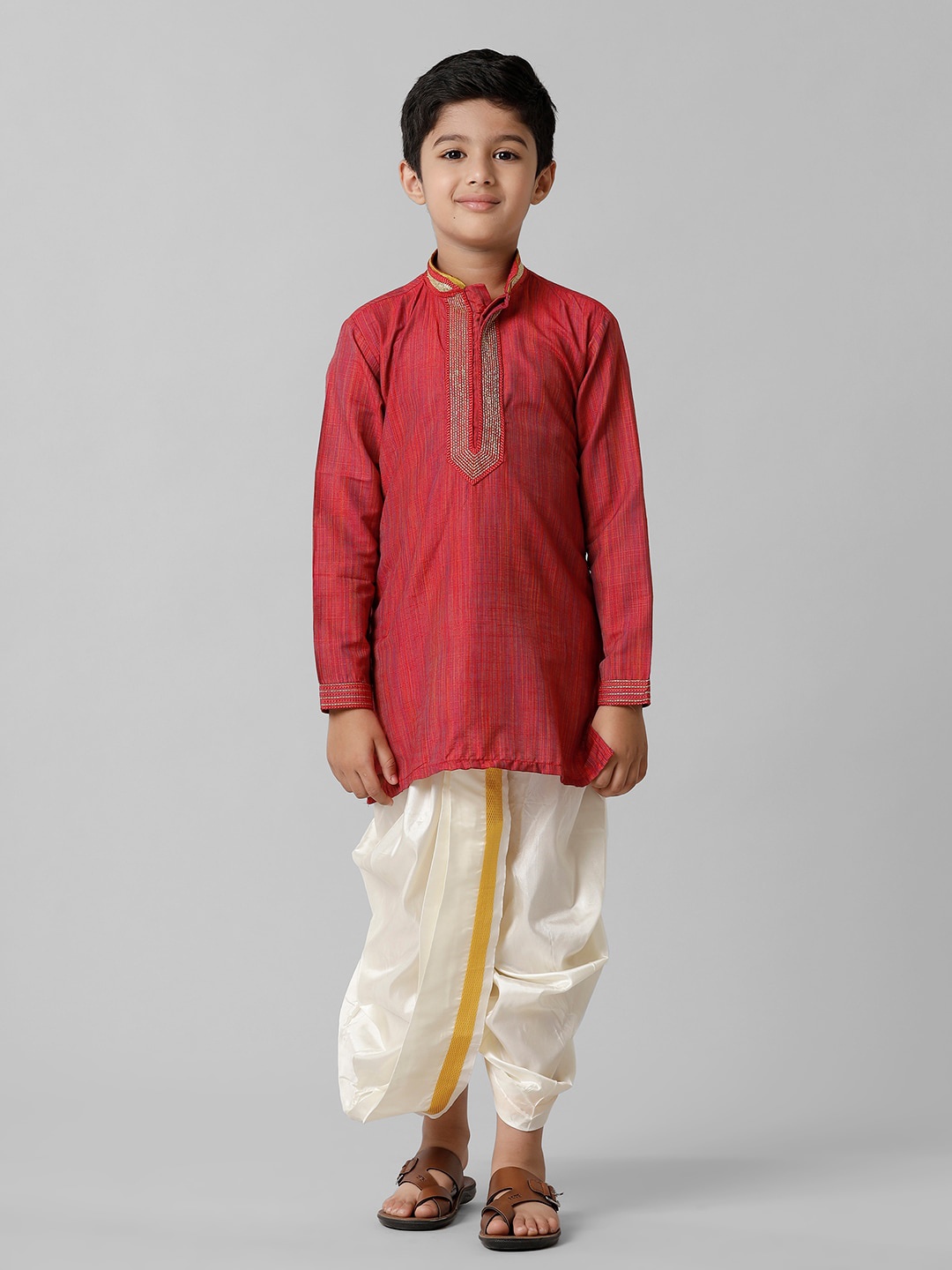 

Ramraj Boys Striped Mandarin Collar Thread Work Straight Kurta With Dhoti Pants, Red