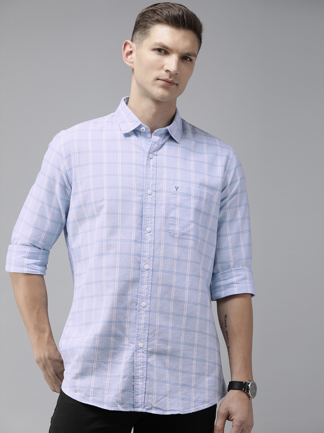 

Van Heusen Sport Pure Cotton Slim Fit Opaque Checked Casual Shirt, Blue