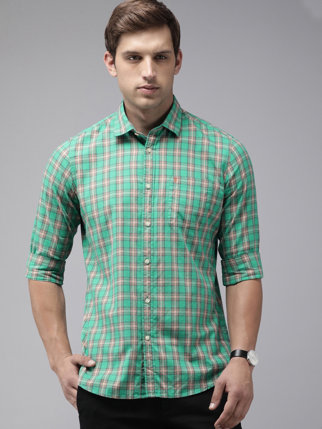 

Van Heusen Sport Men Slim Fit Tartan Checks Pure Cotton Casual Shirt, Green