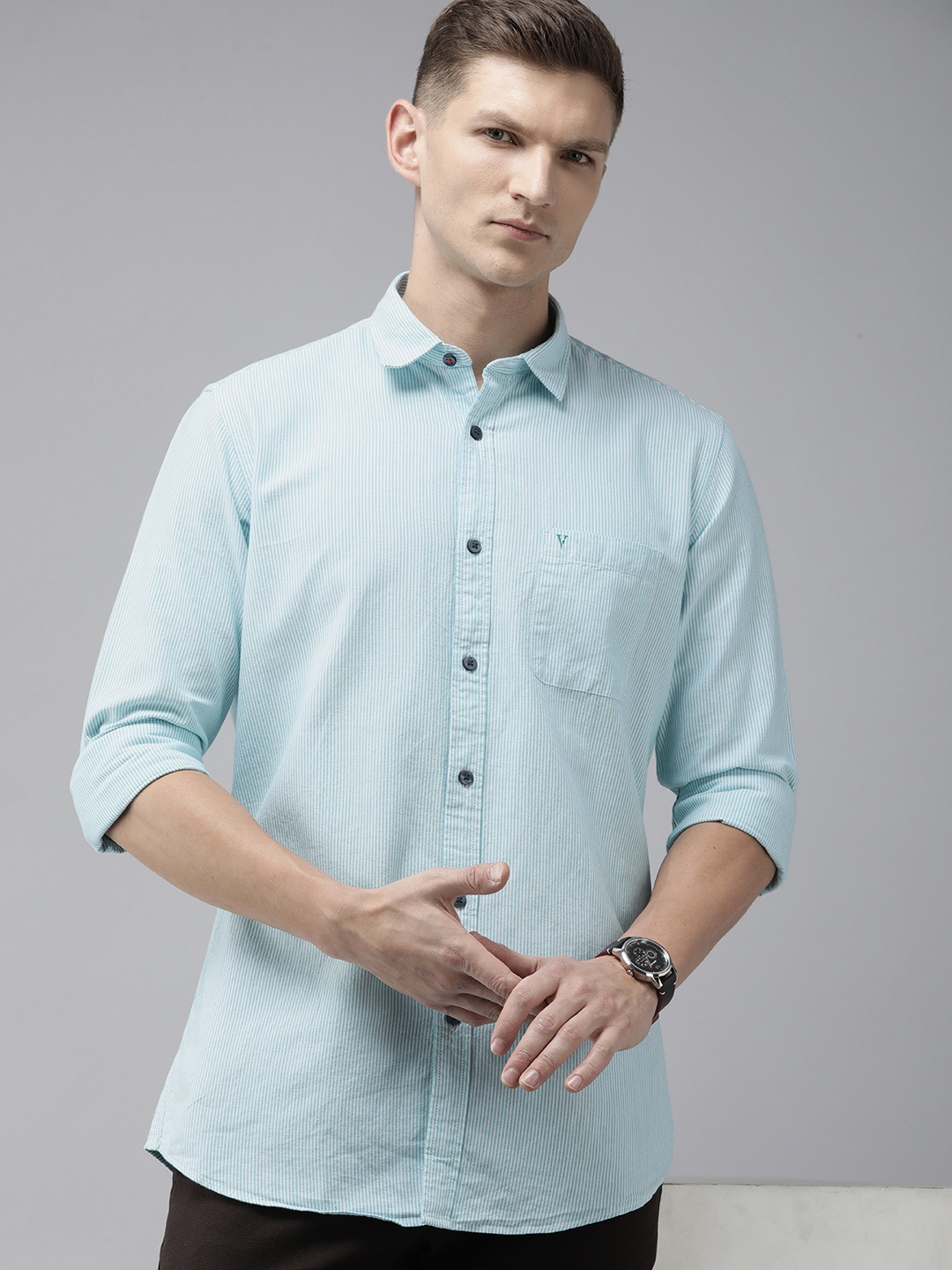 

Van Heusen Sport Pure Cotton Slim Fit Opaque Striped Casual Shirt, Sea green