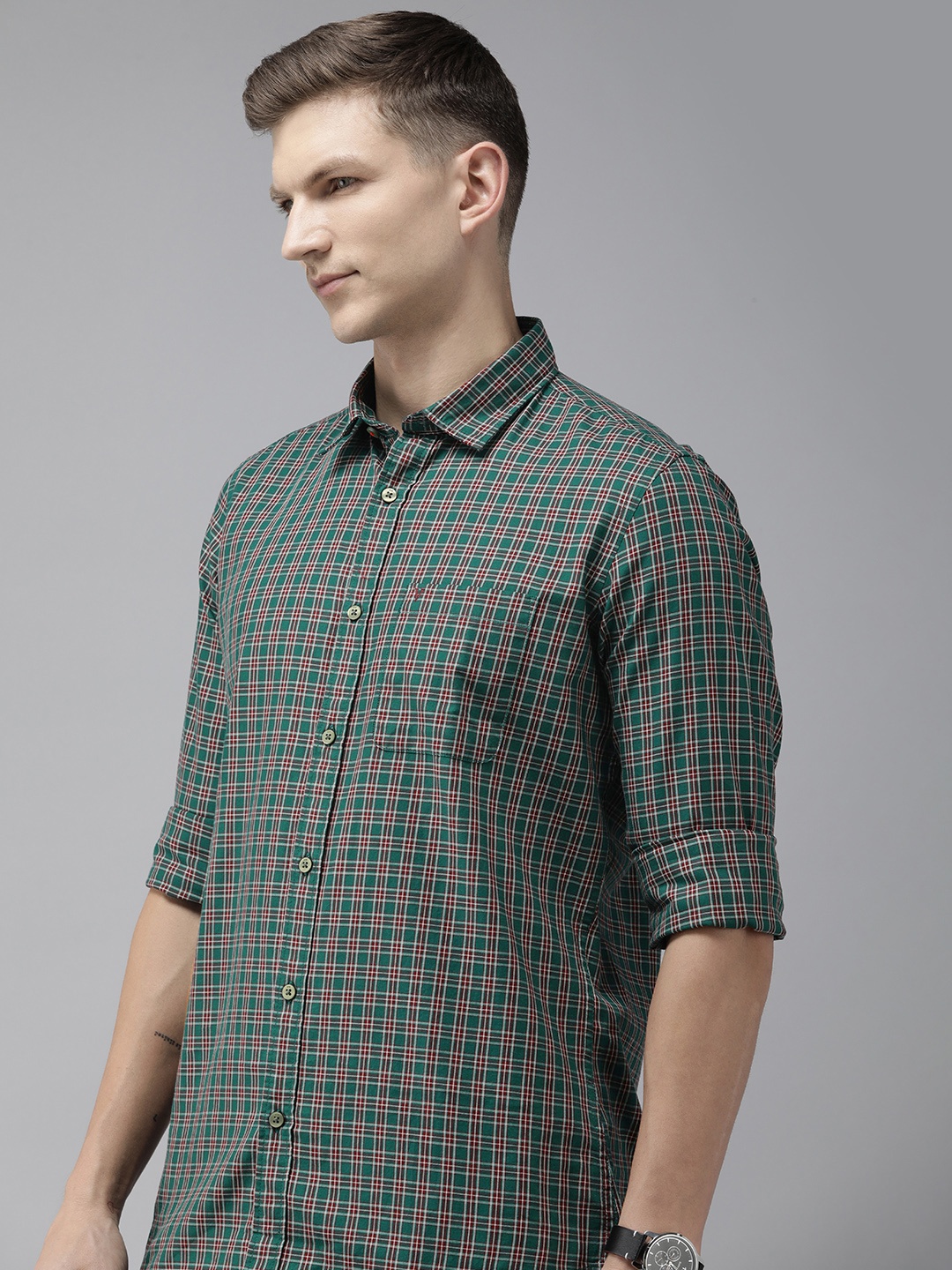 

Van Heusen Sport Pure Cotton Slim Fit Opaque Checked Casual Shirt, Green