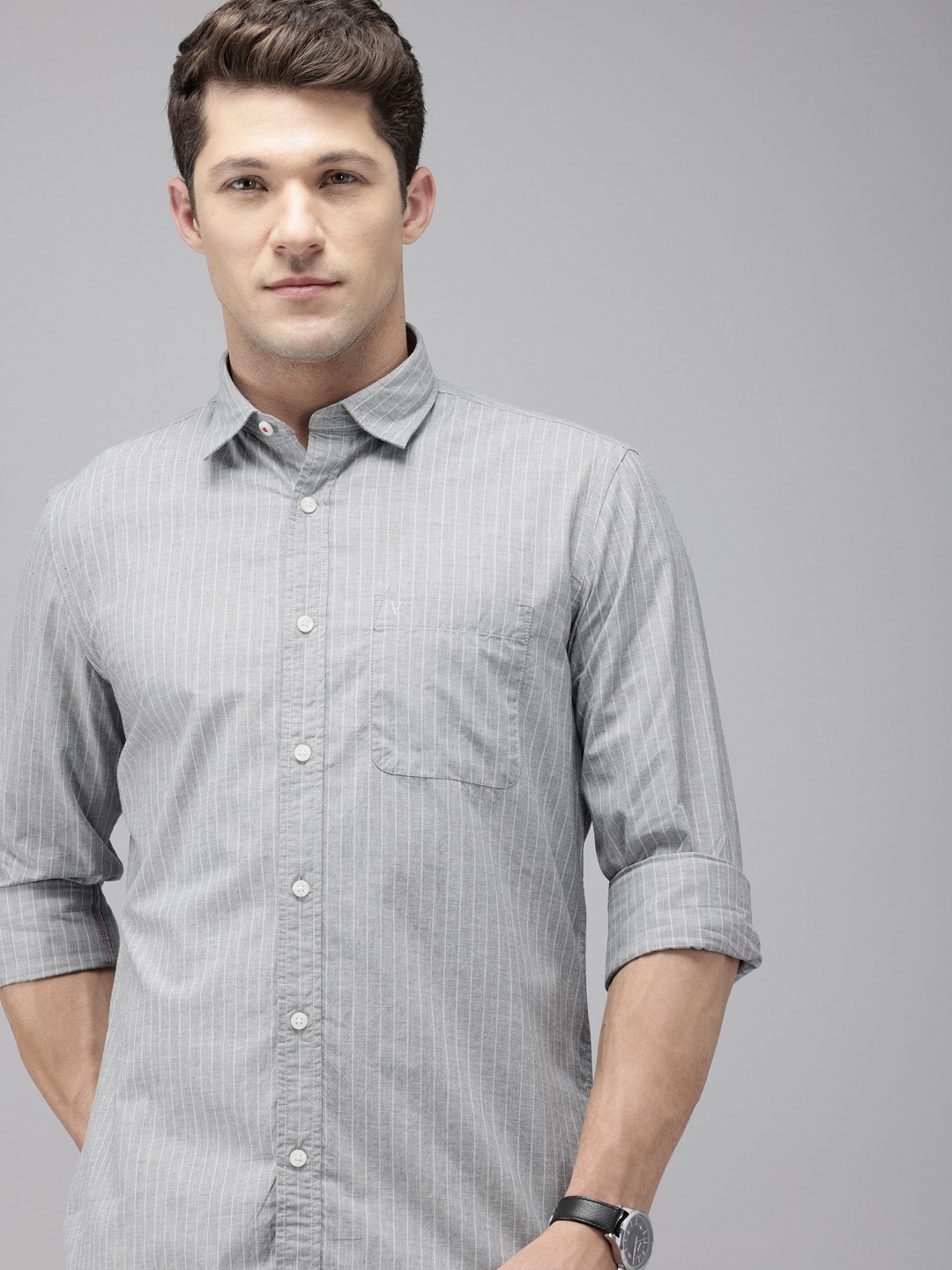 

Van Heusen Sport Slim Fit Vertical Stripes Pure Cotton Casual Shirt, Grey
