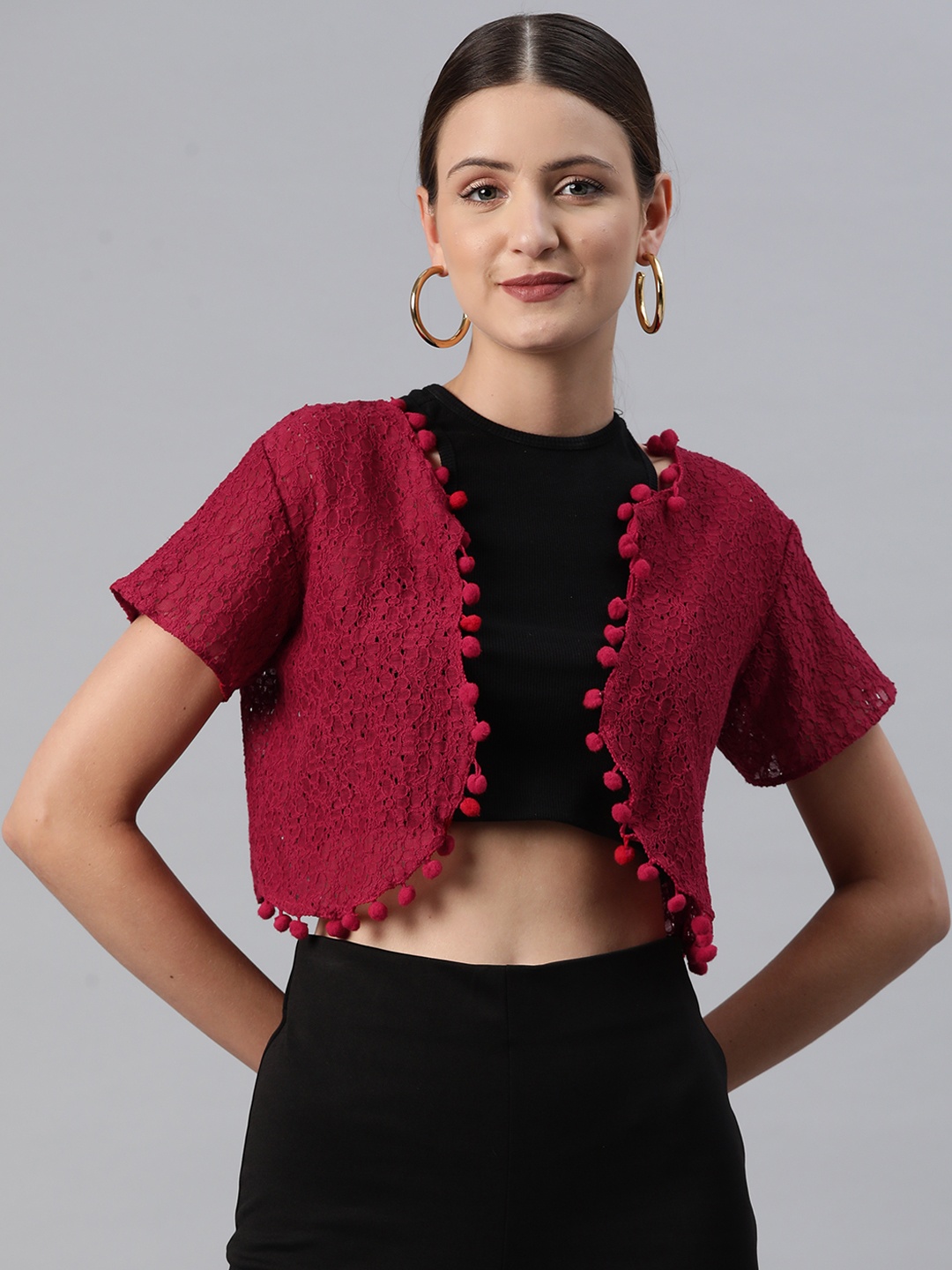 

RIVI Self-Design Pure Cotton Front-Open Crop Shrug with Pom-Pom Detail, Red