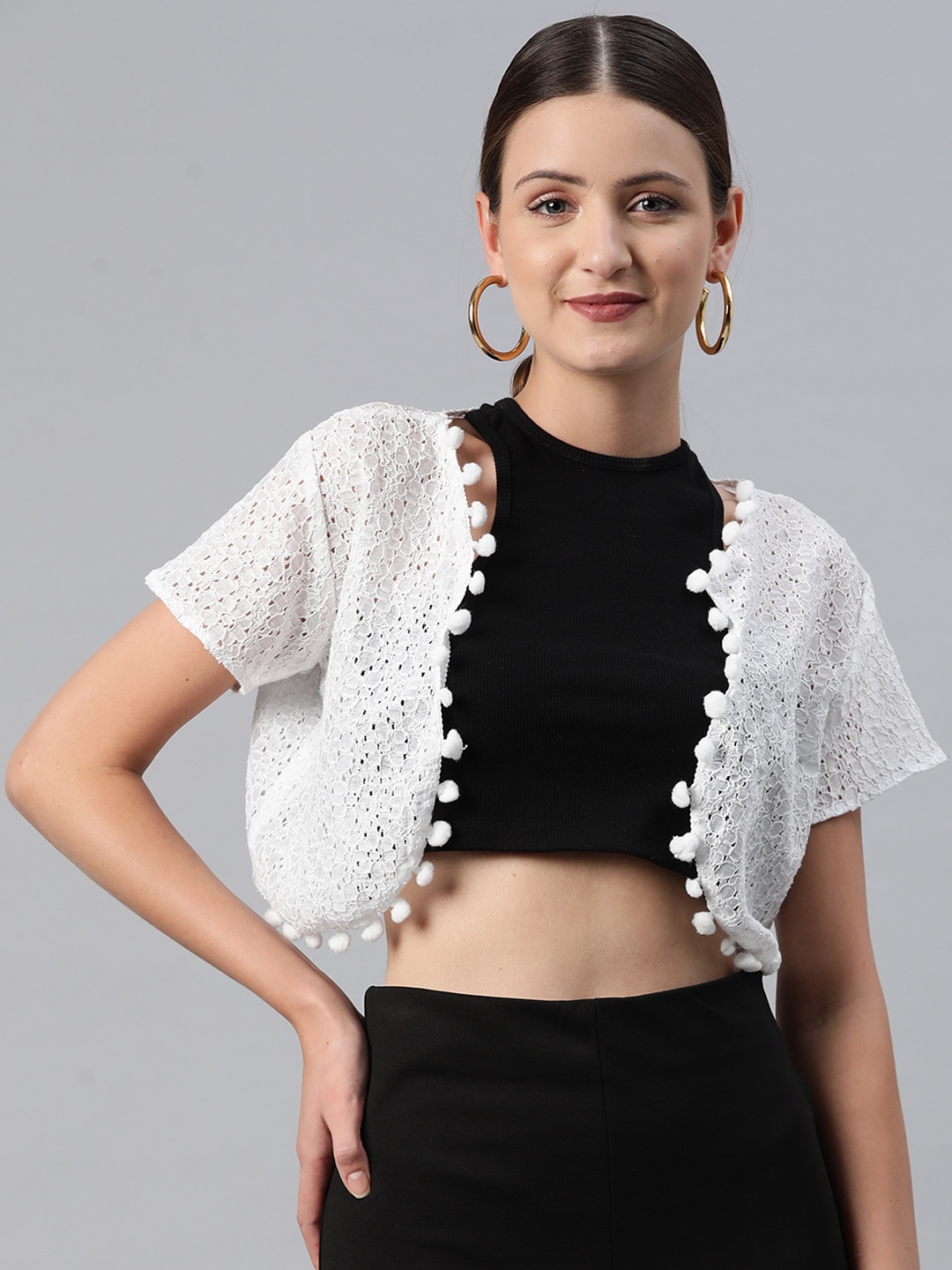 

RIVI Self-Design Pure Cotton Front-Open Crop Shrug with Pom-Pom Detail, White